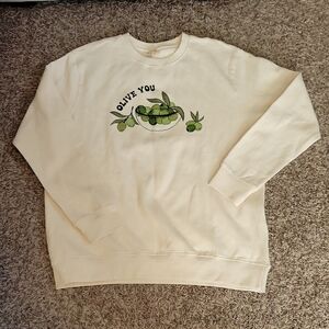 Olive You Crewneck Sweater Cream Messy Bun Just Chillin' XL Gift Athleisure New